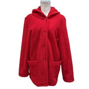 Sandro Sport Women's Red Long Buttoned Hood Fleece Jacket Size L